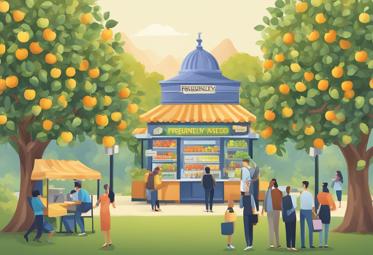 A bustling orchard with a sign for "Frequently Asked Questions" and a money lender's booth at the center