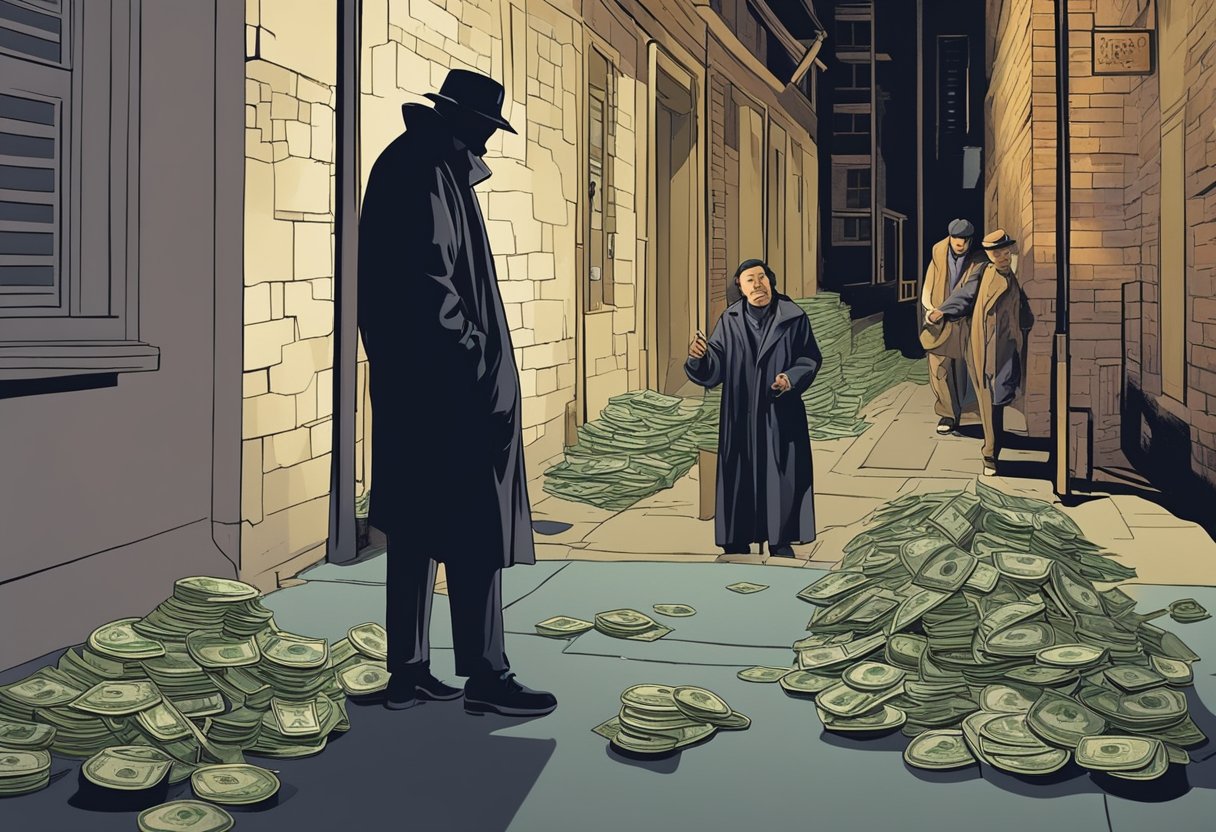 A shadowy figure counts money in a dimly lit alley, while frightened individuals exchange valuables for cash in secrecy