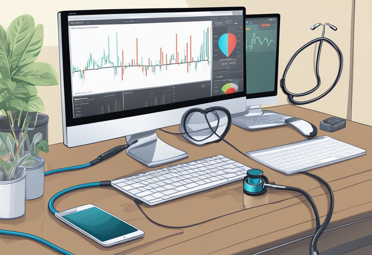 A stethoscope placed on a desk next to a computer screen displaying a heart rate monitor graph