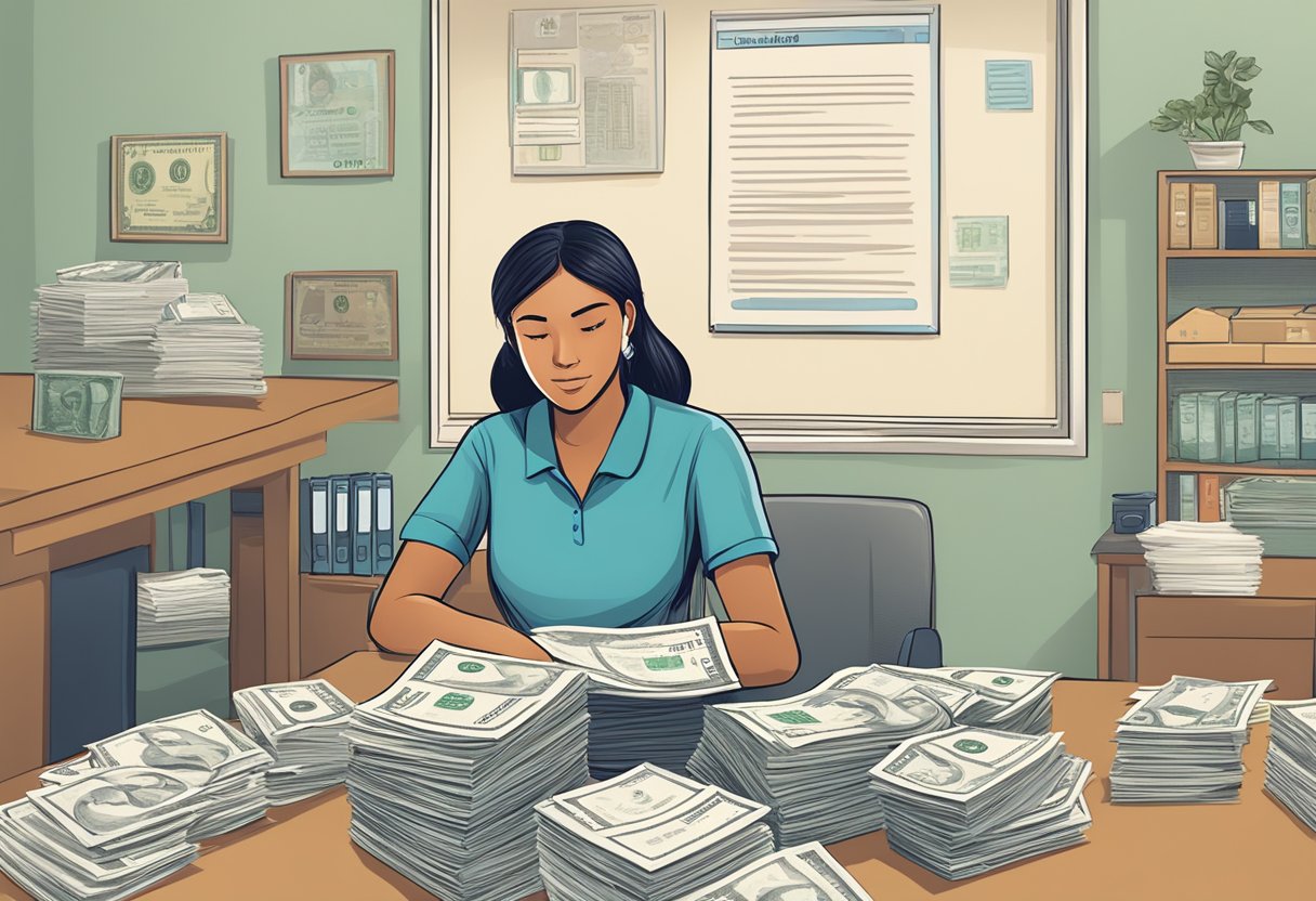 A foreign domestic worker approaches a licensed money lender to borrow money, surrounded by signs displaying frequently asked questions
