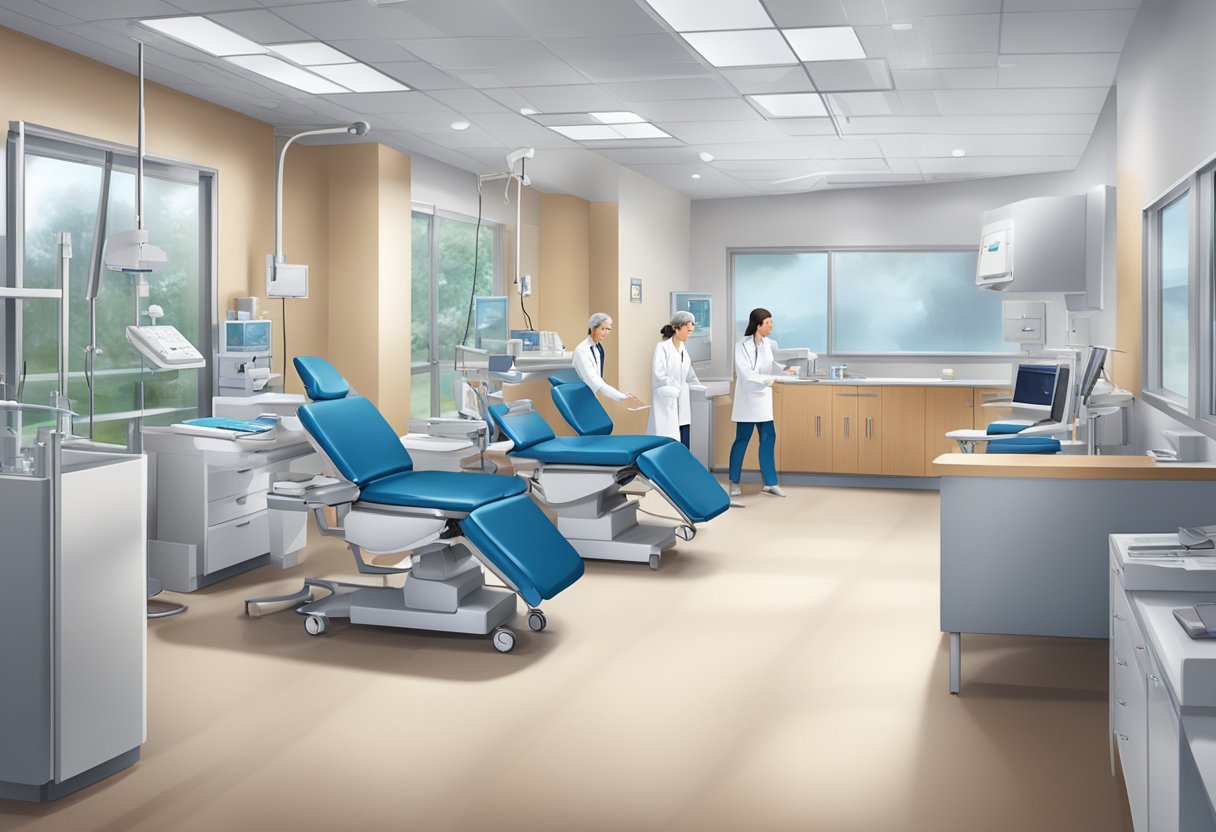 The bustling cardiology clinic features state-of-the-art equipment and specialized services, with patients and staff engaged in consultations and treatments