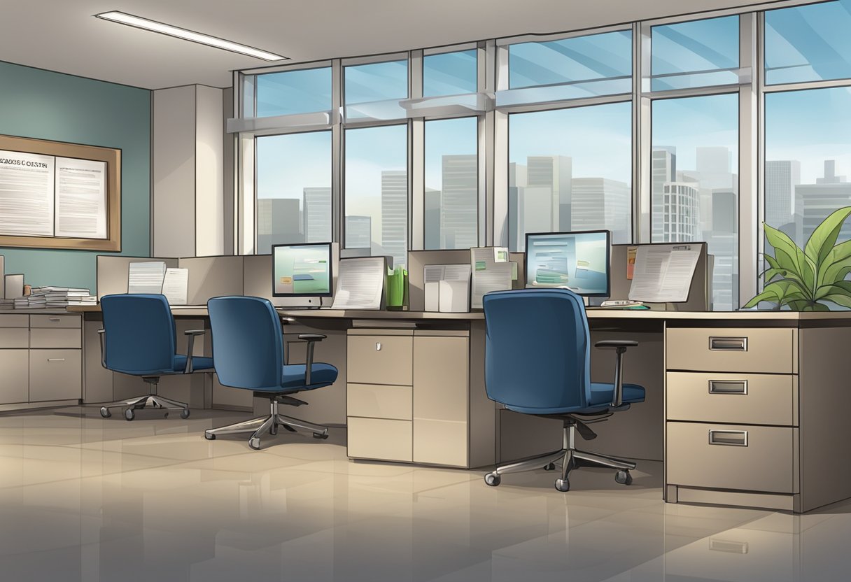 A money lender's office with a sign "Licensed Moneylending" displayed prominently. A professional setting with desks, chairs, and a secure safe