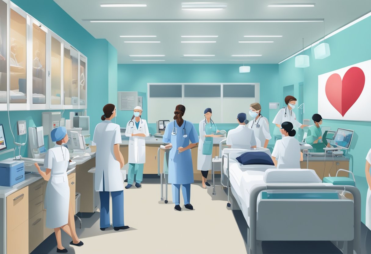 A bustling cardiology department at NTFGH, with doctors and nurses attending to patients, medical equipment, and heart-related posters on the walls