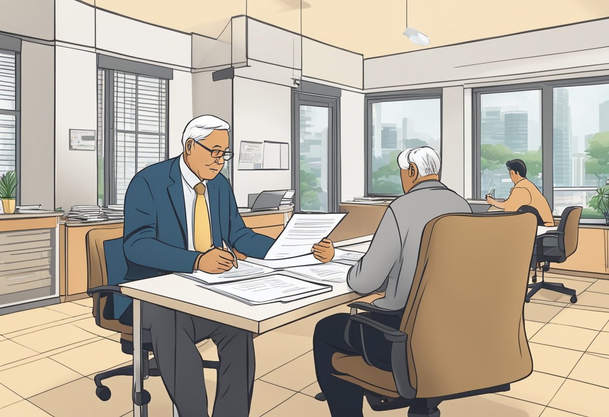 A retiree fills out a loan application at a legal moneylender's office in Singapore, while a staff member explains the process