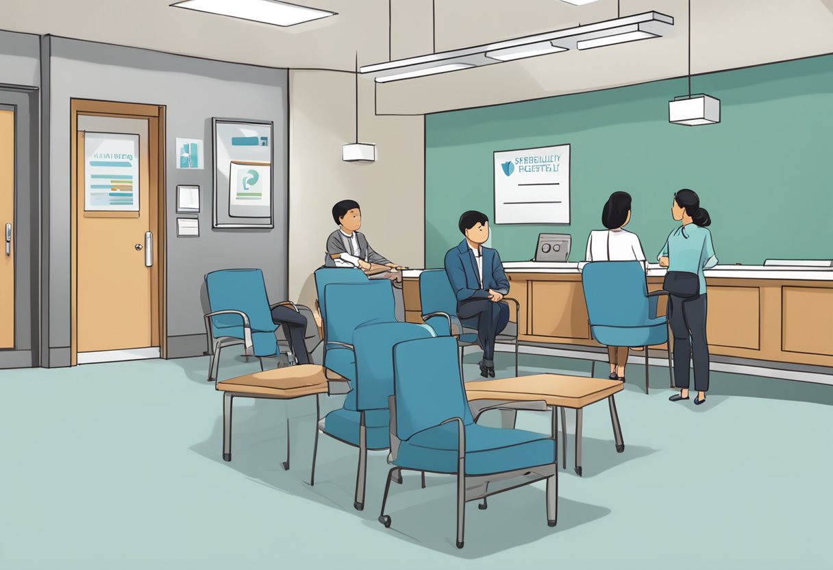A busy waiting room with a reception desk, chairs, and a sign reading "Frequently Asked Questions" at the Peter Yan Cardiology Clinic