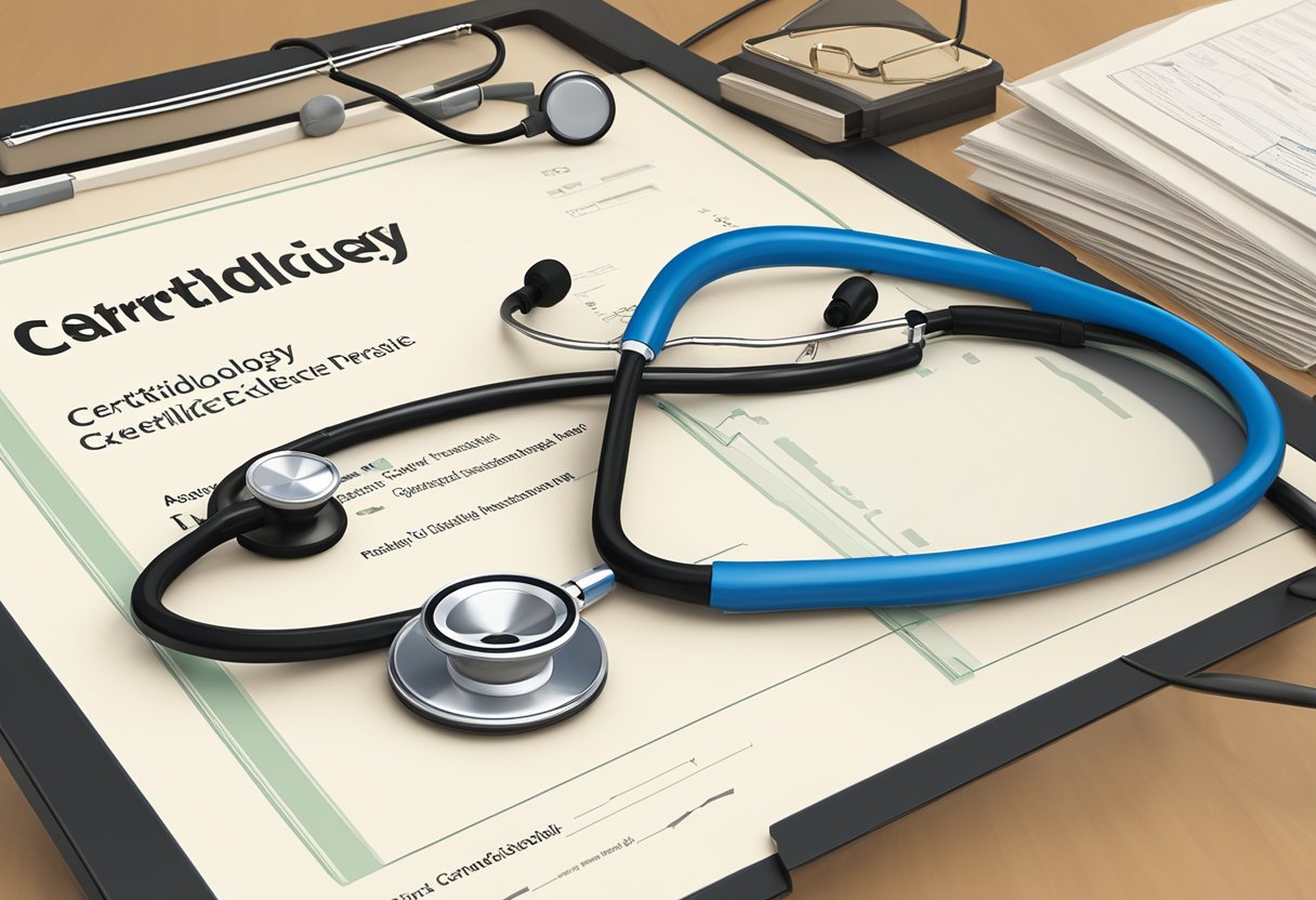 A stethoscope and medical textbooks sit on a desk, alongside a framed certificate of excellence in cardiology. A computer screen displays a professional cardiology report