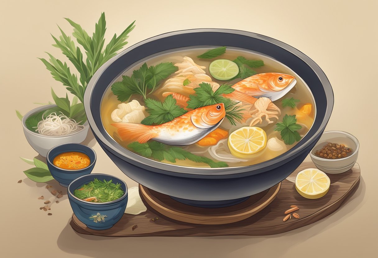 A steaming bowl of Tan Xiang fish soup sits on a rustic wooden table, surrounded by fragrant herbs and spices. The broth glistens in the soft light, inviting the viewer to savor its rich aroma
