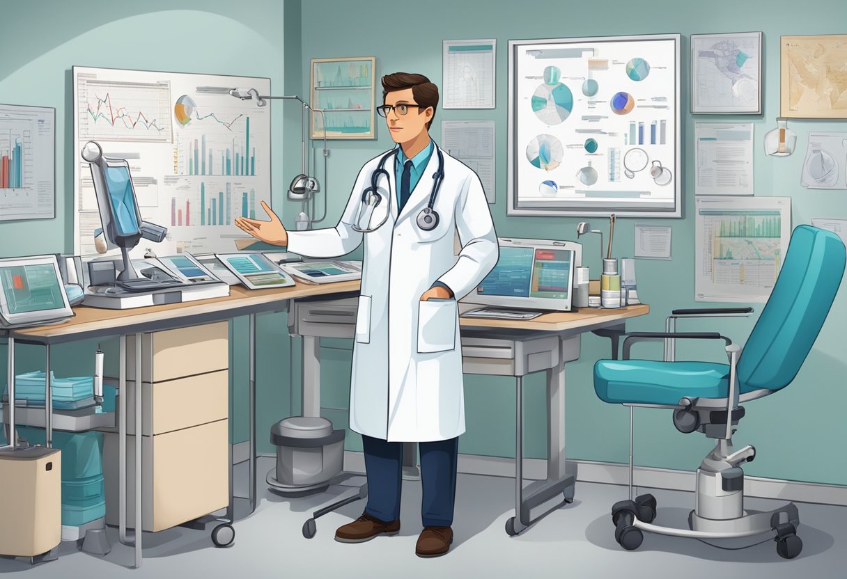A doctor surrounded by medical equipment and charts, answering questions from patients about cardiology