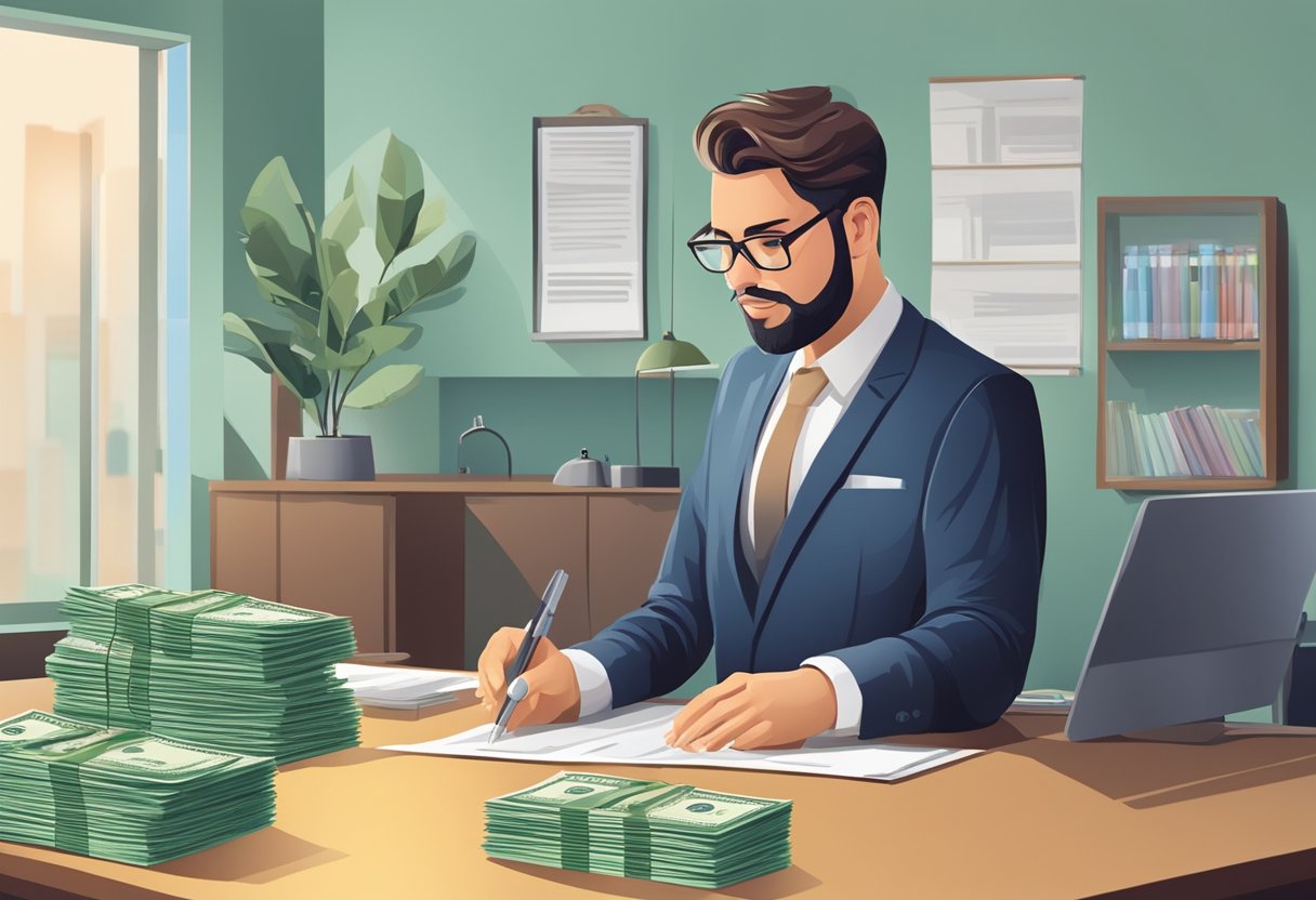 A money lender counts cash, no payslip in sight