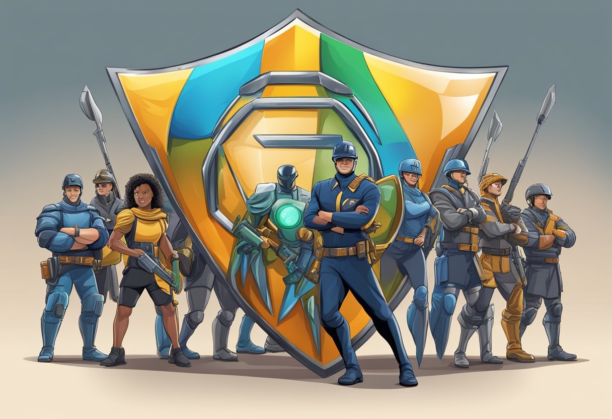 A company logo shield defends a group of diverse consumers from a predatory money lender