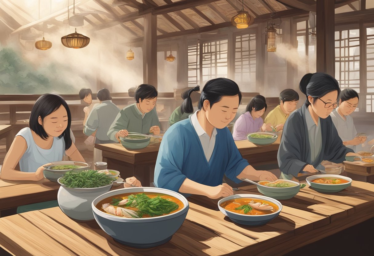 Customers enjoying Tan Xiang's fish soup at wooden tables, surrounded by steaming bowls and the aroma of fresh herbs and spices