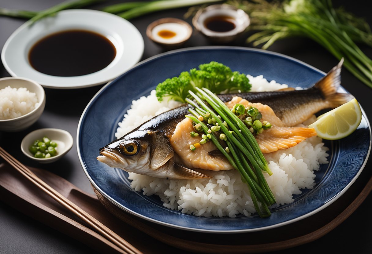 A whole fish, steamed with ginger, scallions, and soy sauce, served on a platter with a side of hot steamed rice