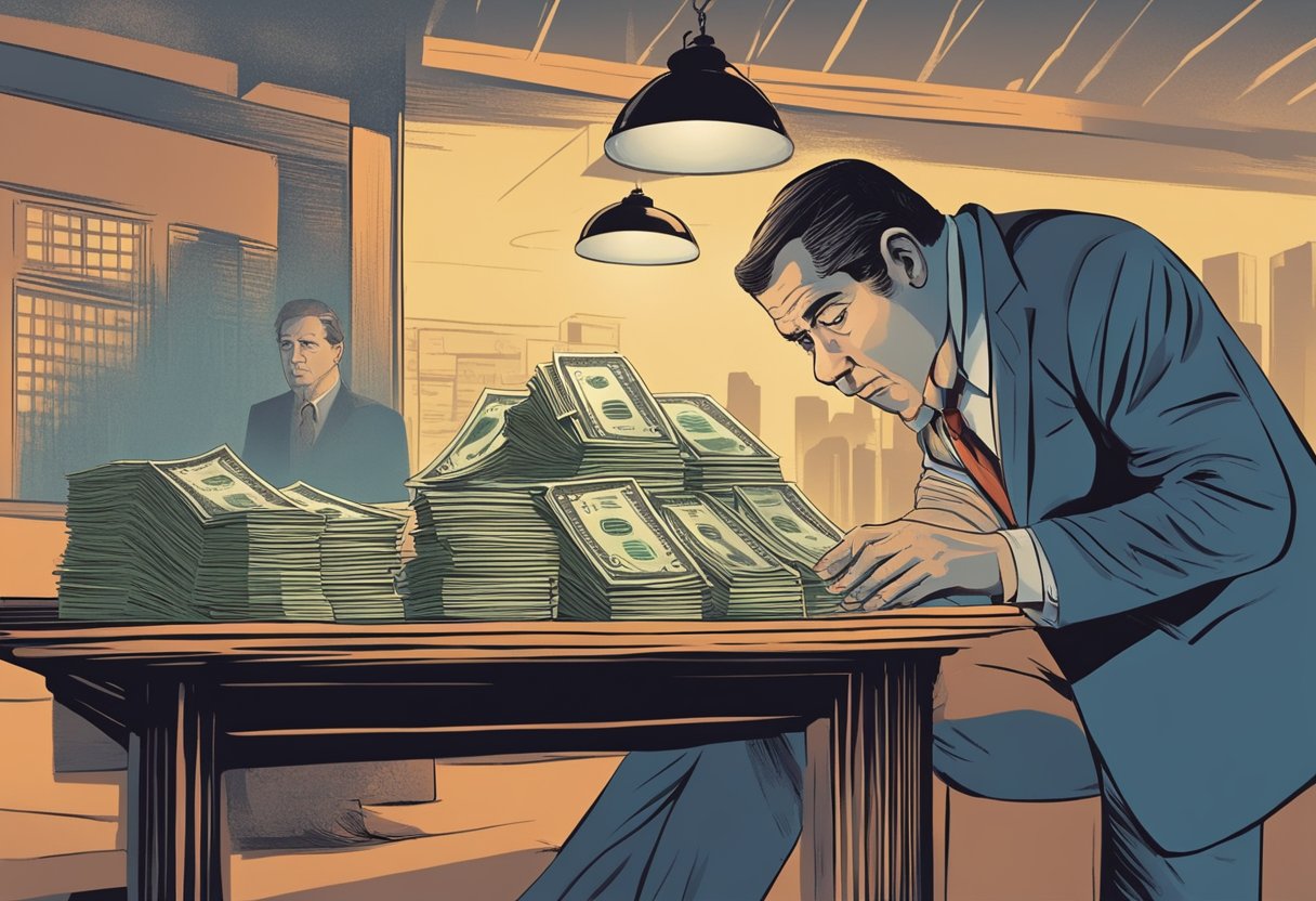 A shady figure looms over a desperate borrower, offering quick cash with exorbitant interest rates. Red flags and warning signs are ignored as the borrower falls into the trap of an unlicensed money lender scam