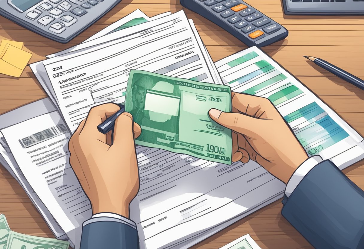 A person hands over a bank statement and ID to a money lender, who reviews the documents before approving a loan without a payslip