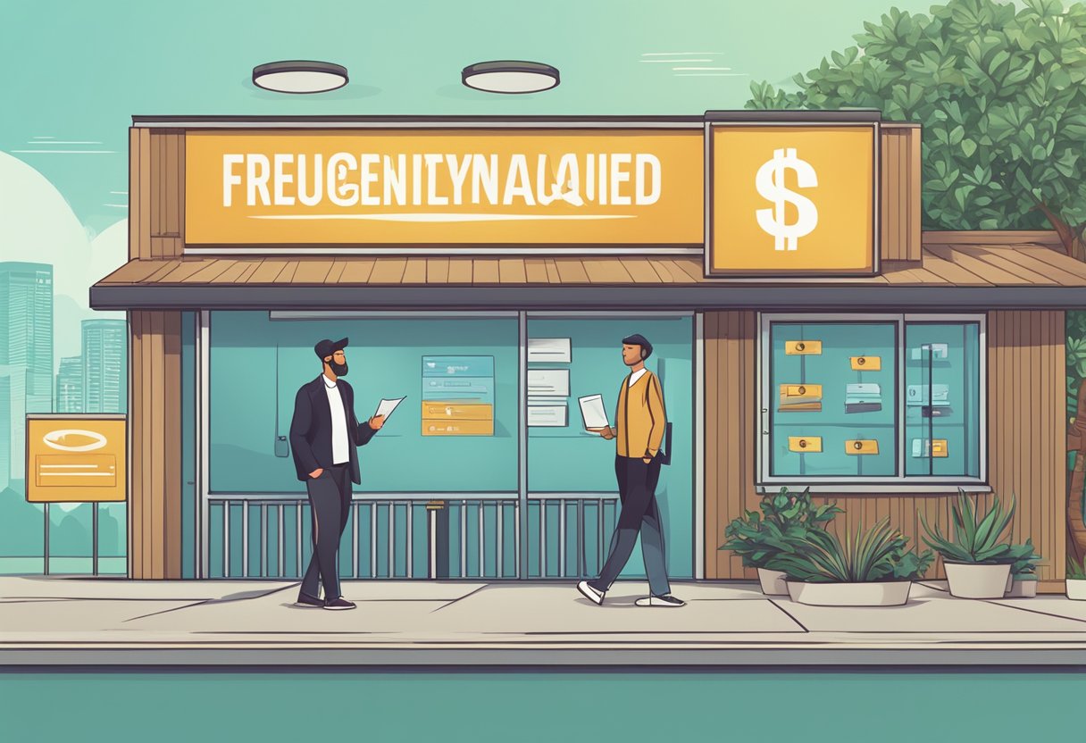 A person standing in front of a sign that reads "Frequently Asked Questions" with a money lender logo