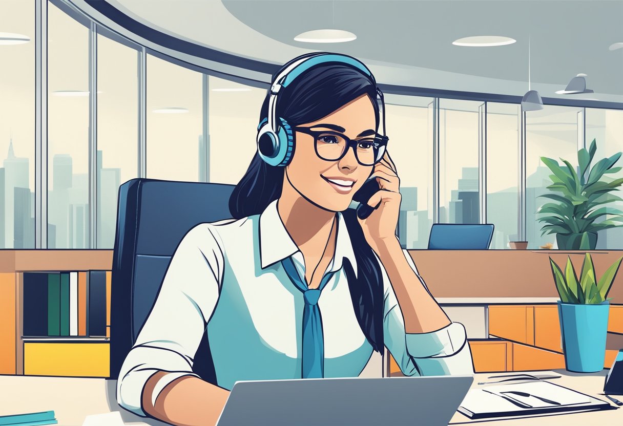 A customer service representative answers questions at a desk in a bright and modern office setting