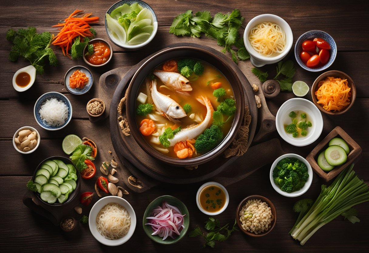 A steaming bowl of Teo Chew fish soup surrounded by condiments and garnishes on a rustic wooden table