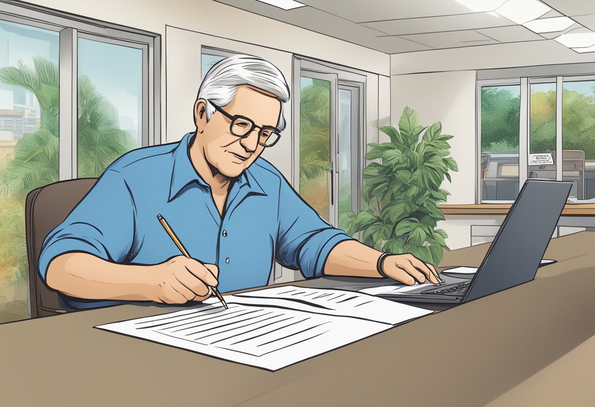 A retiree fills out paperwork at a legal money lender's office, with a sign displaying "Frequently Asked Questions" in the background