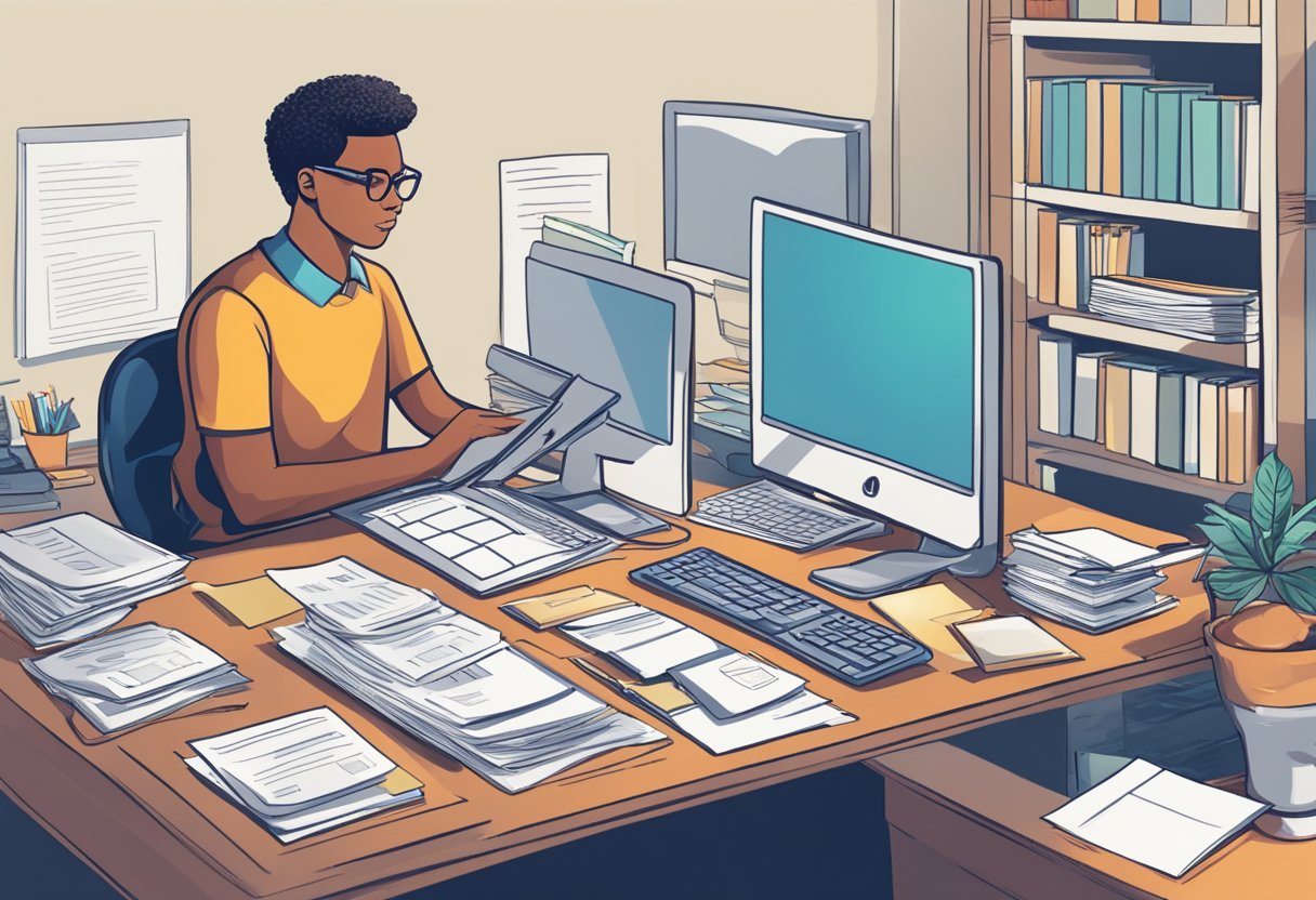A person standing at a desk, surrounded by paperwork and a computer, searching for debt repayment assistance online