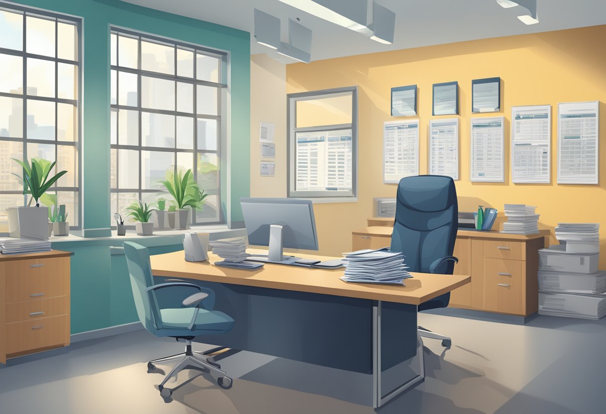 A money lender's office with a sign advertising "long term loans" and a desk with paperwork and a calculator