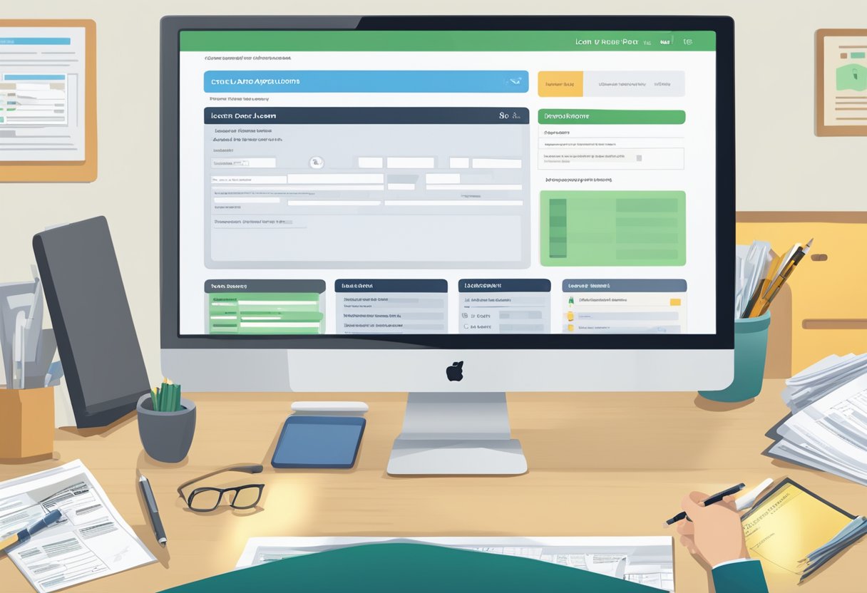 A person filling out a loan application form at a desk with various loan options listed on a computer screen