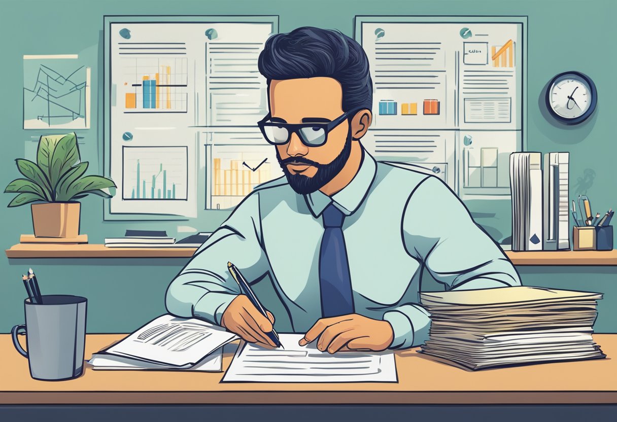 A loan licensed money lender sitting at a desk with a sign displaying interest rates and terms. A customer is signing paperwork