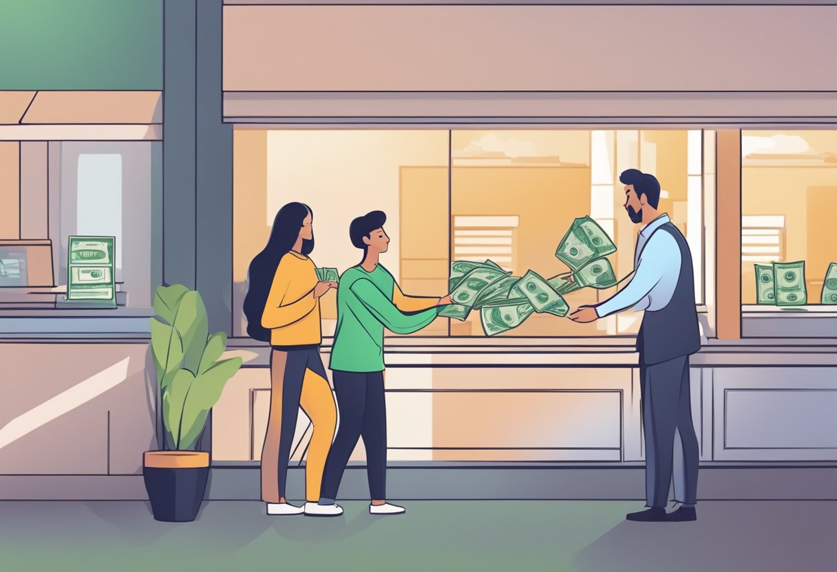 A person receiving cash from a quick credit money lender