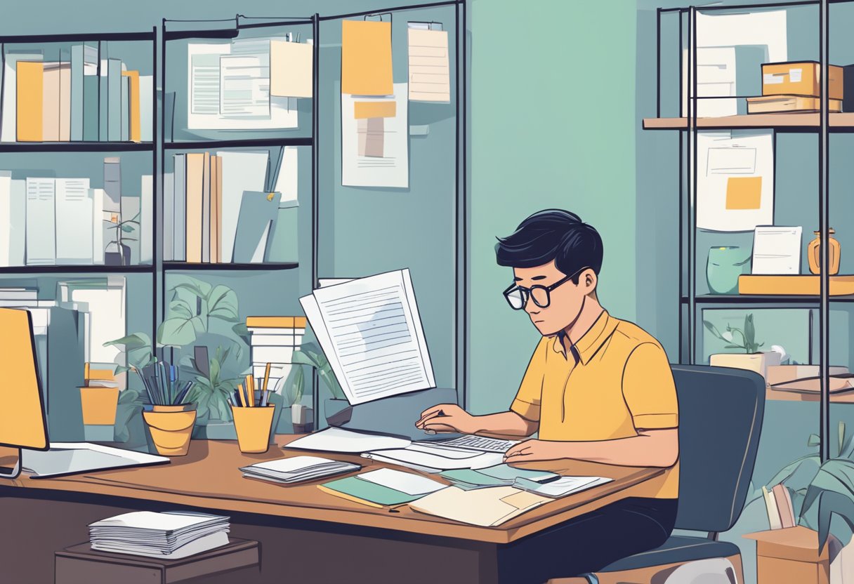 A person sitting at a desk, surrounded by paperwork and a laptop, looking stressed and overwhelmed while trying to understand and manage their debt in Singapore