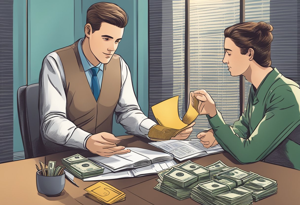 A person sitting at a desk, receiving money from a lender. The lender is explaining terms and conditions while the borrower listens attentively