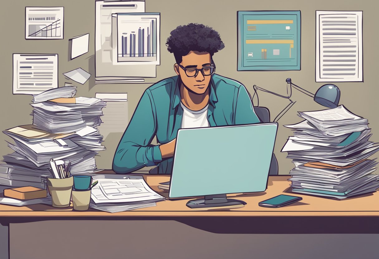 A person sitting at a desk, surrounded by paperwork and a computer, looking stressed while searching for "debt repayment assistance" online