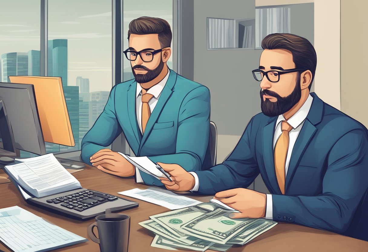 A money lender provides a long-term loan to a borrower, with paperwork and terms being discussed and agreed upon in an office setting
