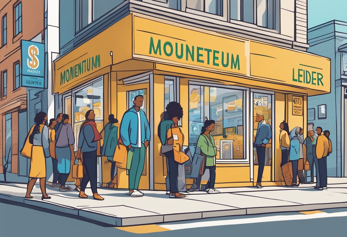 A bustling street corner with a line of people waiting outside a brightly lit storefront labeled "Momentum Money Lender." The sign features bold lettering and a dollar sign logo, and the scene exudes a sense of urgency and financial need
