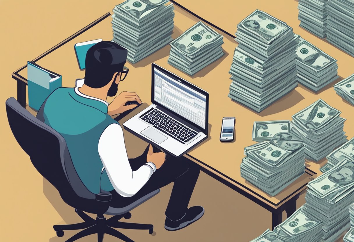 A person sitting at a desk with a computer, surrounded by stacks of papers and folders labeled "Money Lenders Debt Repayment." A phone and notebook are nearby