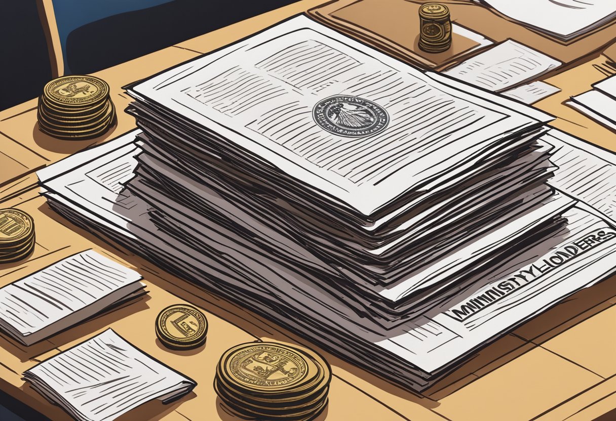 A stack of legal documents sits on a desk, with the Ministry of Law's emblem visible. A complaint against money lenders is highlighted in bold, with intricate details and figures surrounding it