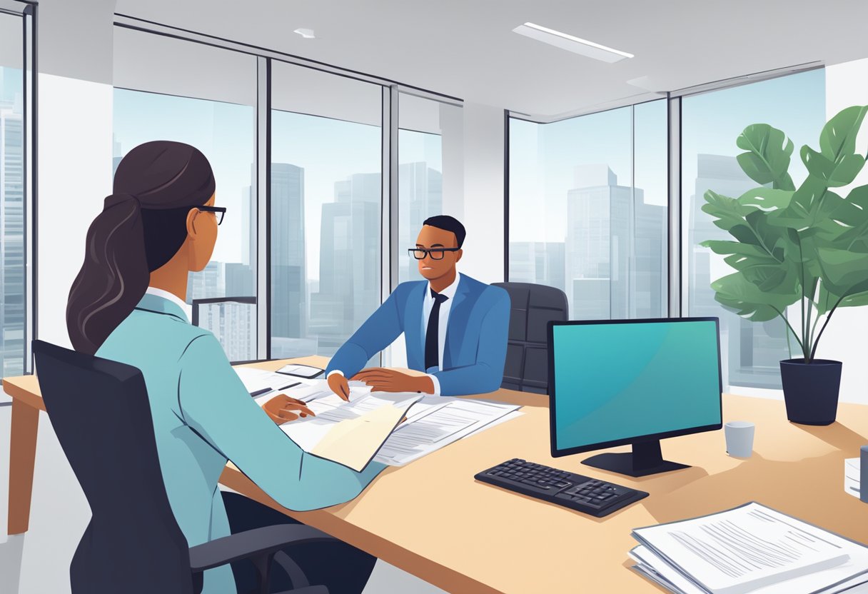 A person submitting paperwork to a loan officer at a desk in a modern, well-lit office. The loan officer is reviewing documents and typing on a computer