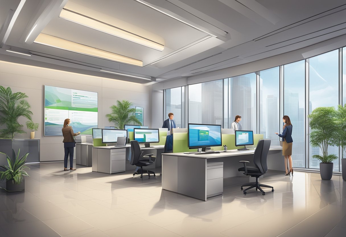 A sleek, modern office space with the logo "Understanding Momentum Money Services" prominently displayed. A professional atmosphere with people engaged in financial transactions