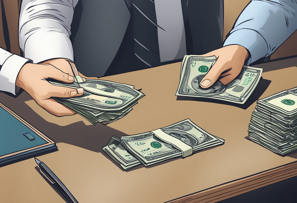 A person at a desk handing over money to a licensed money lender