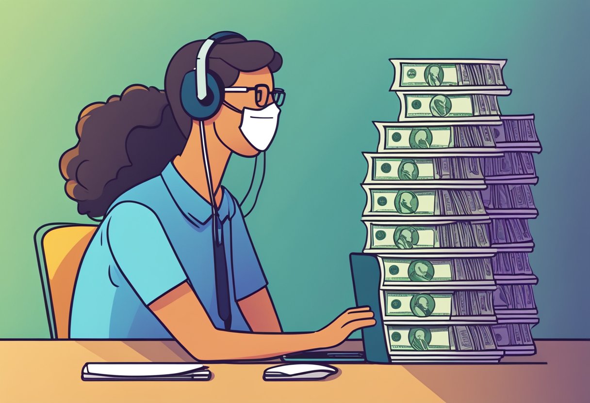 A stack of money with a "Frequently Asked Questions" sign, a laptop, and a customer service representative assisting a client