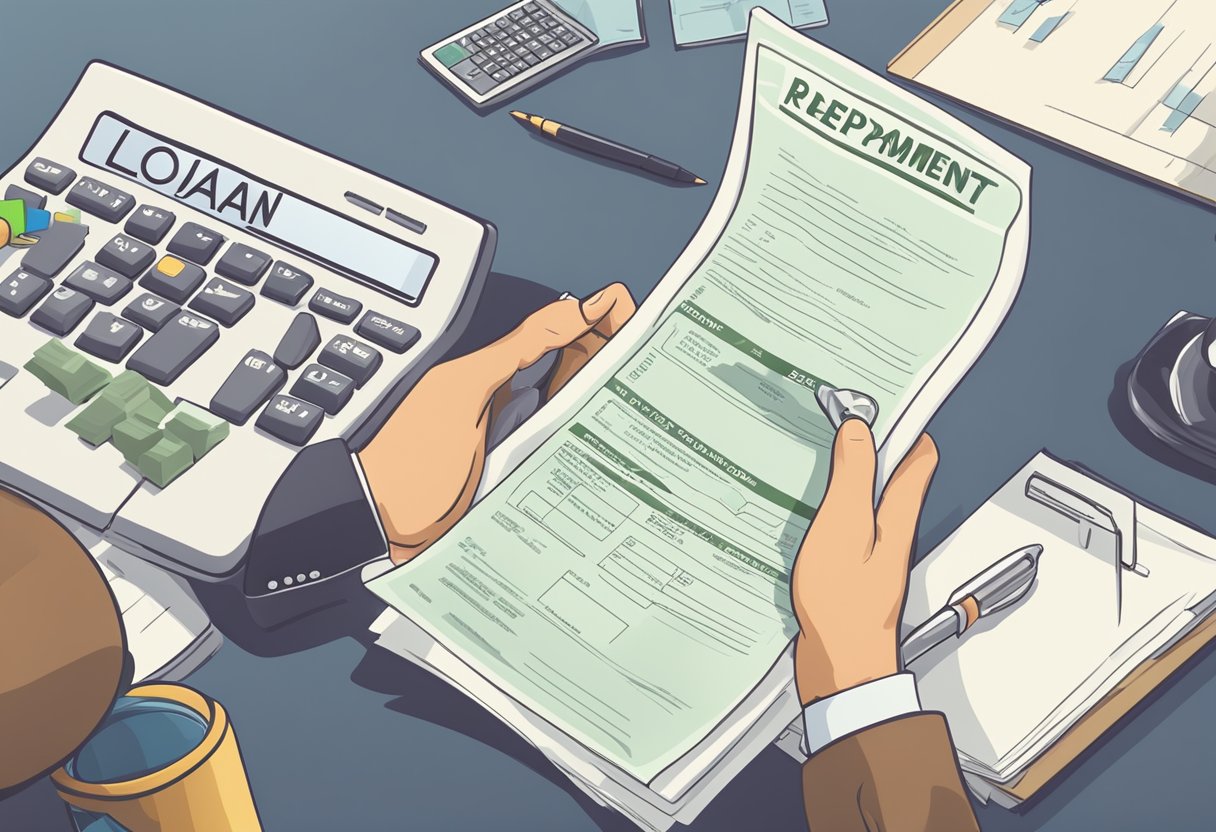 A person holding a loan document with a prepayment clause highlighted, while a licensed money lender sign is visible in the background
