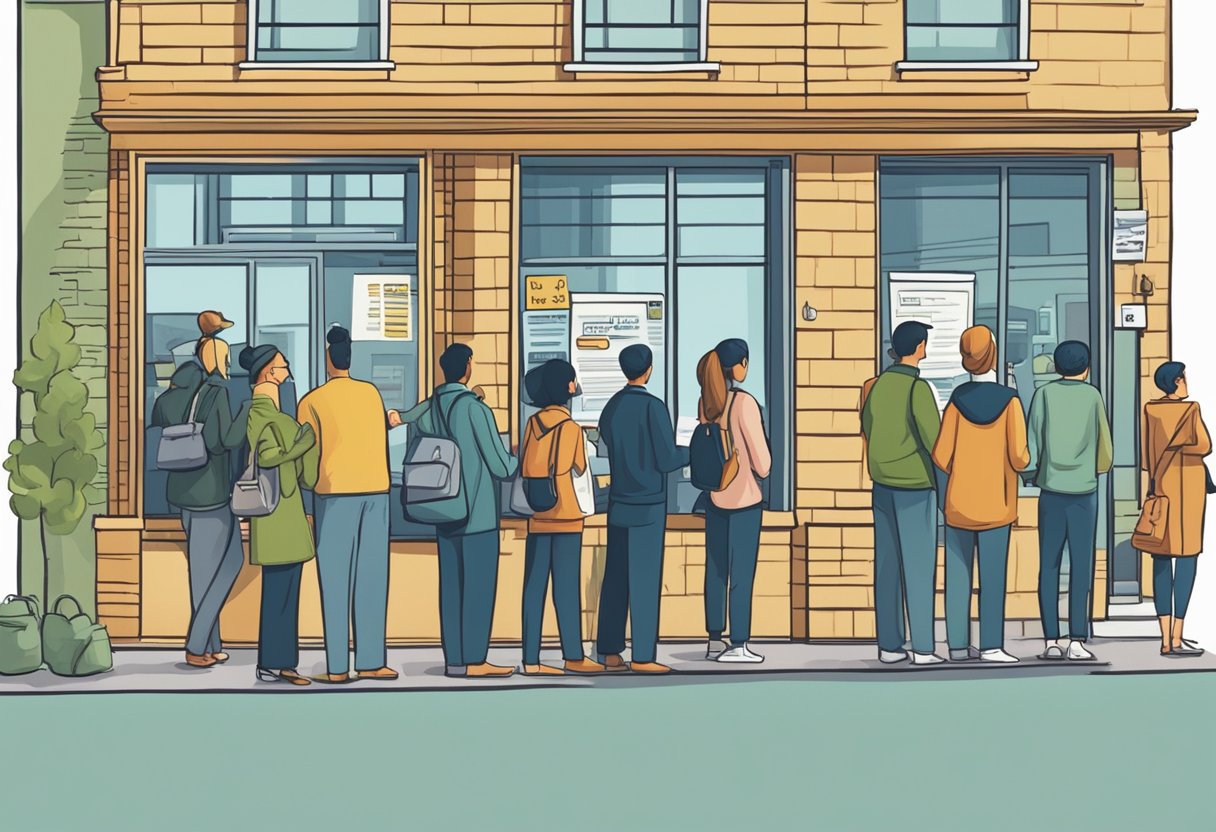 A long line of people waiting outside a loan office, with a sign reading "Frequently Asked Questions long term loan money lender" prominently displayed