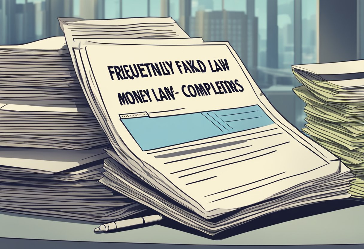 A stack of complaint forms piled on a desk, with a sign reading "Frequently Asked Questions: Ministry of Law Complaints Against Money Lenders" in the background