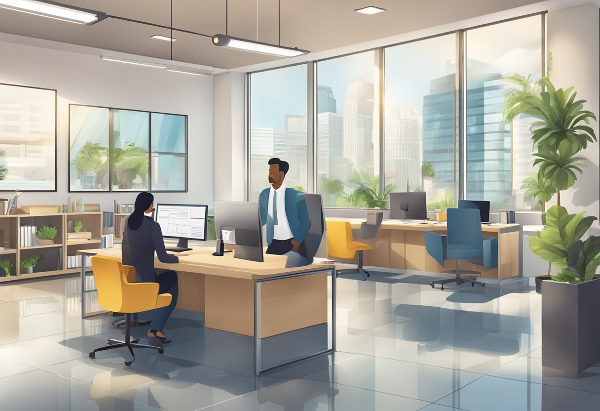 A bright, modern office with a sign reading "Frequently Asked Questions loan licensed money lender" displayed prominently. A professional atmosphere with friendly staff assisting clients