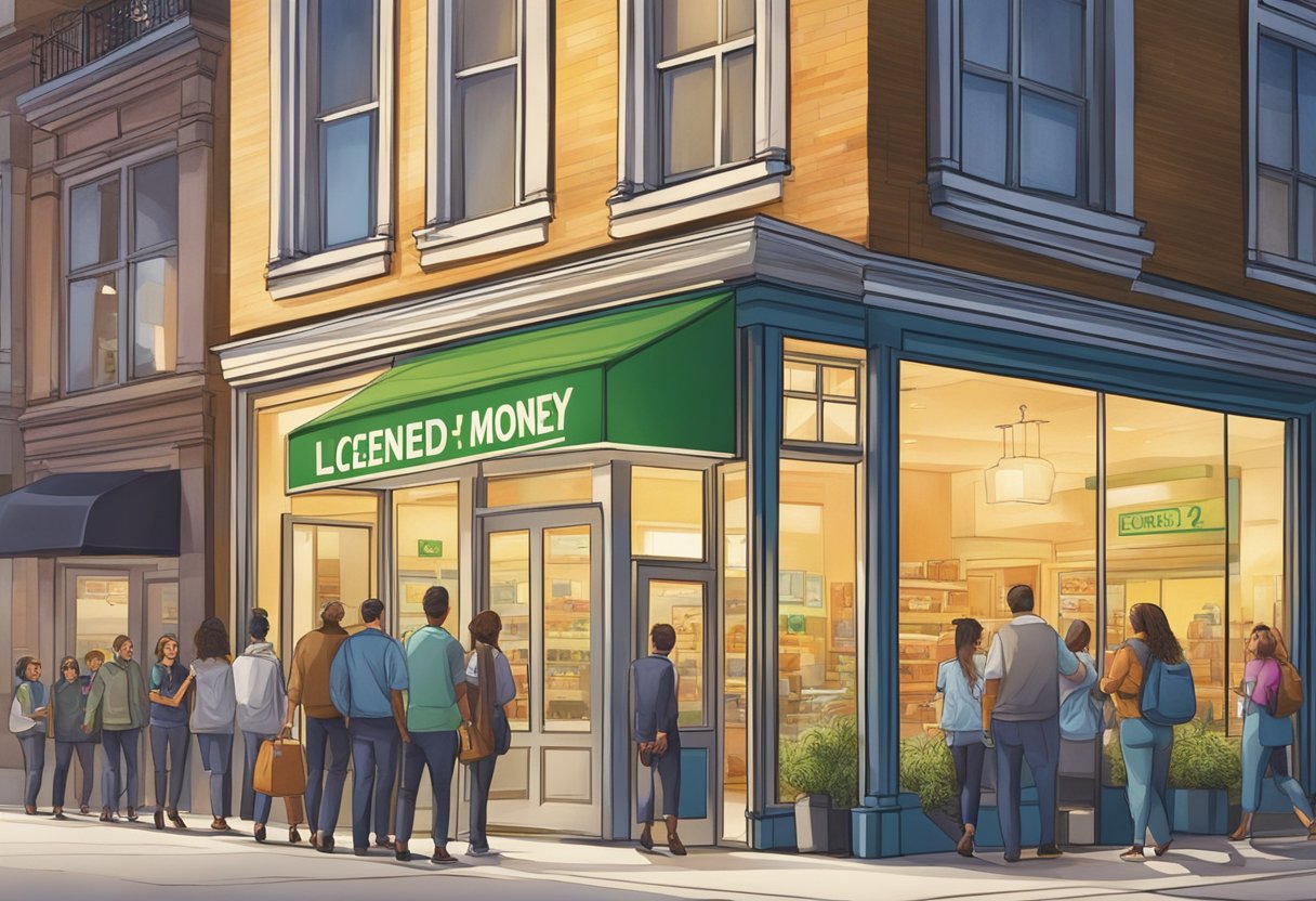 A brightly lit storefront with a large sign reading "Licensed Money Lender 24 Hours" and a steady stream of customers entering and exiting the building