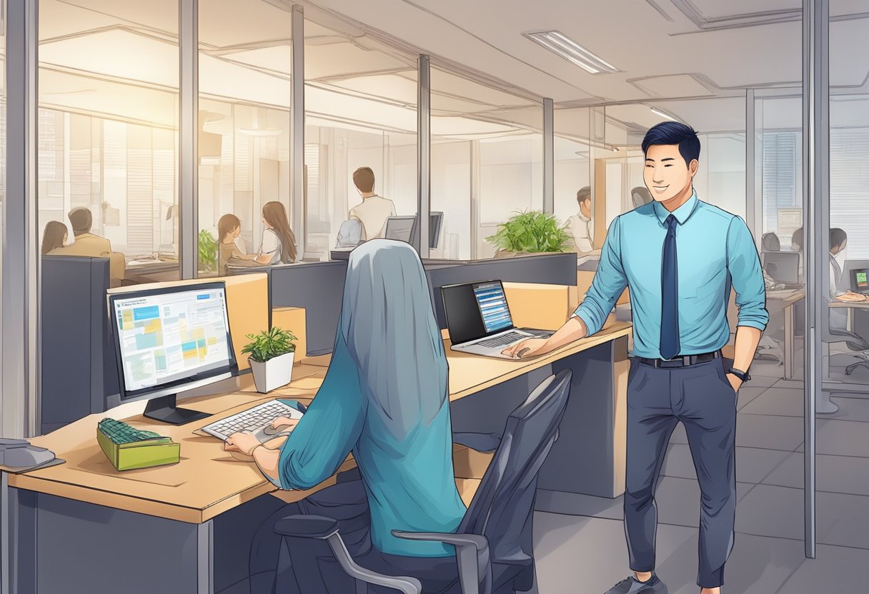 A licensed money lender in Singapore operates 24 hours, with customers seeking financial assistance and staff processing loans