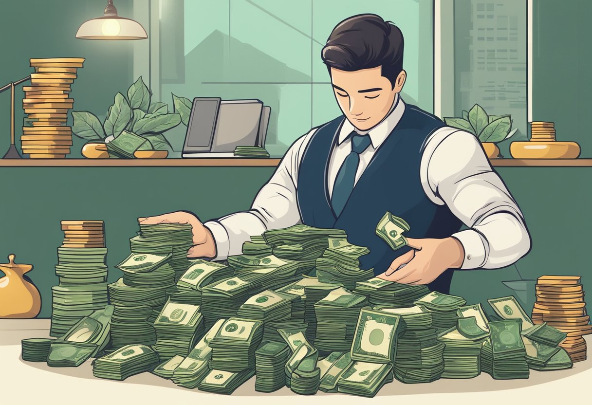 A money lender counting stacks of cash on a table, surrounded by symbols of wealth and abundance