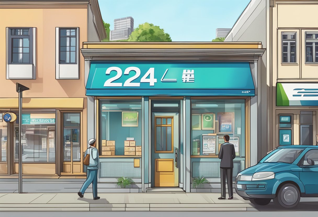 A person standing in front of a licensed moneylender's office, with a sign displaying "24 hours" prominently. The building is clean and professional, with a sense of trust and reliability