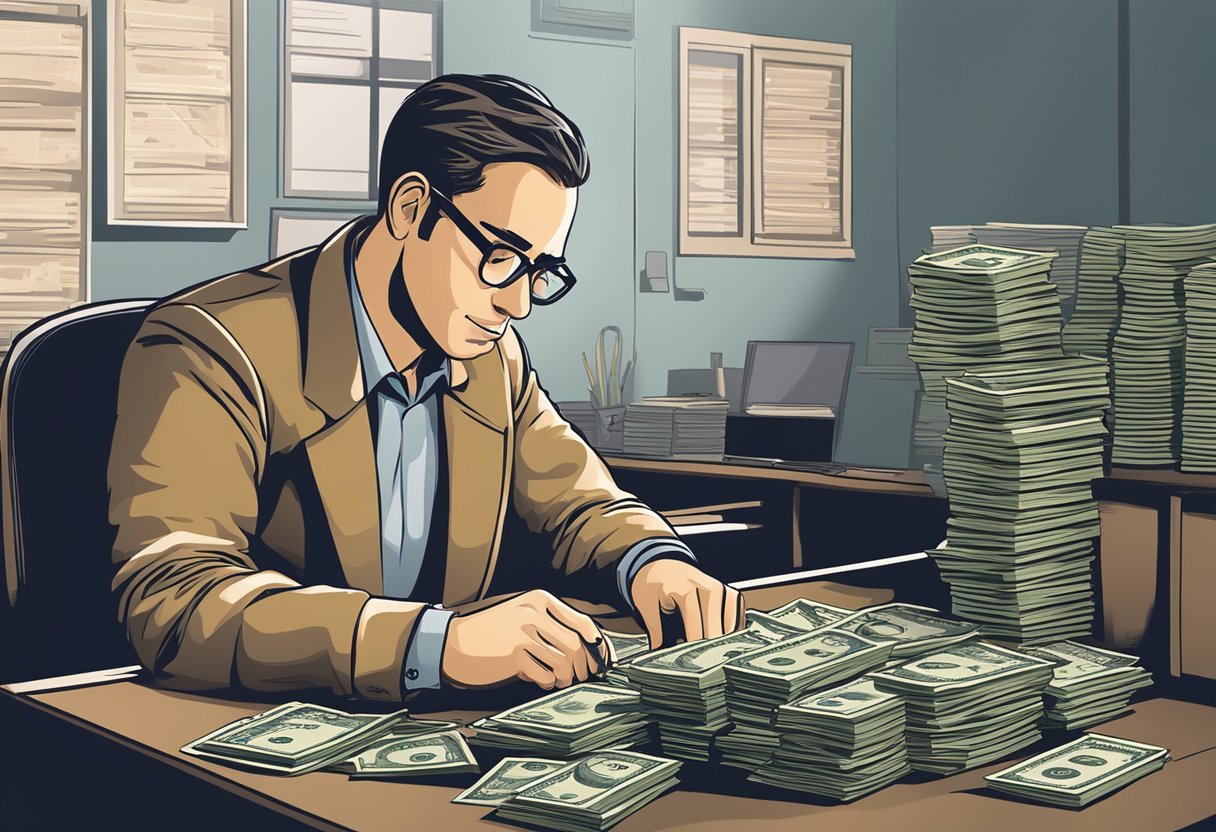 A money lender sits behind a desk, counting money with a calculating expression. The Moneylenders Act is displayed prominently on the wall behind them