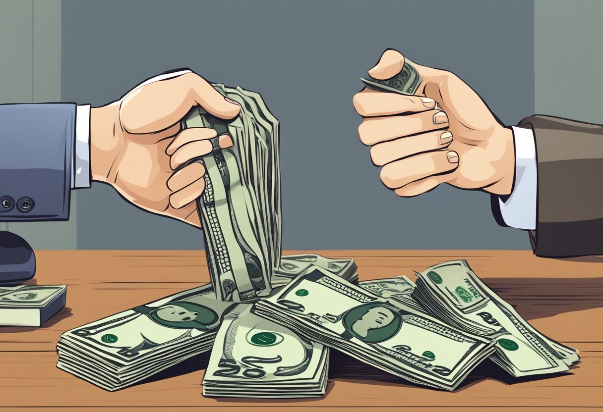 A money lender in Singapore receives gratitude from a borrower, symbolized by a handshake and a stack of cash