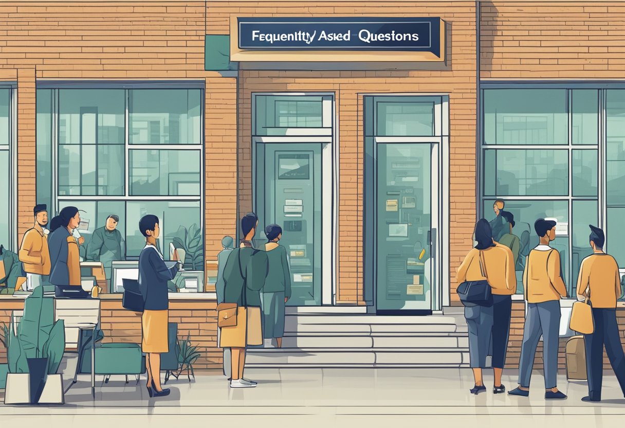 A busy office with a sign "Frequently Asked Questions licensed money lender 24 hours" and people lining up to inquire