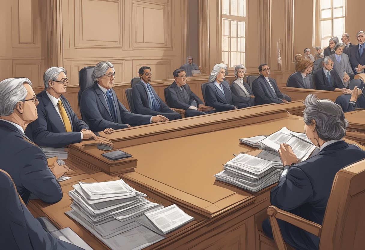 A courtroom scene with judges and lawyers discussing the legal and regulatory framework for money lenders, focusing on the act and interest rates